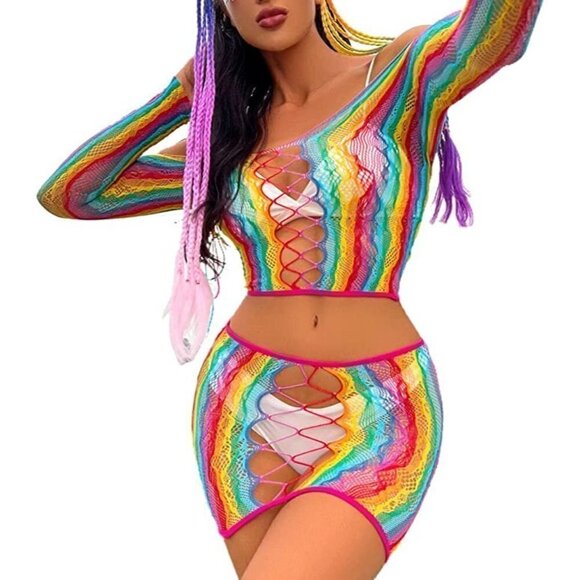 🌈 Rainbow Fishnet Stockings Mesh Lingerie Bodysuit Party Rave Boho Cosplay NWT - Picture 4 of 6